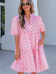Pink Polka Dot Print V Neck Short Sleeve Tiered Mini Dress - Miniatuur