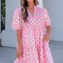 Pink Polka Dot Print V Neck Short Sleeve Tiered Mini Dress