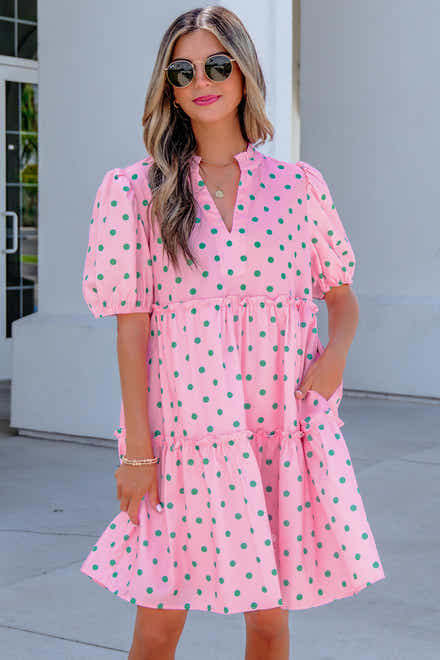 Pink Polka Dot Print V Neck Short Sleeve Tiered Mini Dress