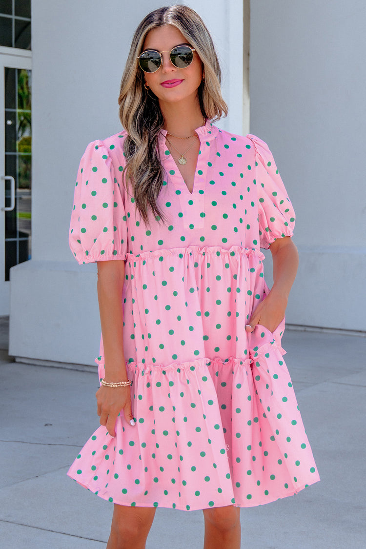 Pink Polka Dot Print V Neck Short Sleeve Tiered Mini Dress - Damesmode