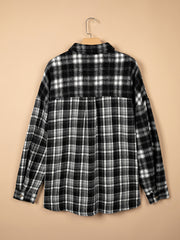 Black Plaid Long Sleeve V Neck Shift Plus Size Shirt Jacket - Damesmode Afbeelding 4 - Miniatuur