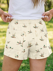 Beige Wild Duck Mallard Printed with Drawstring Denim Shorts - Miniatuur