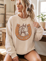Beige GOOD LUCK Western Horse Print Oversized Pullover Sweatshirt - Damesmode Afbeelding 4 - Miniatuur