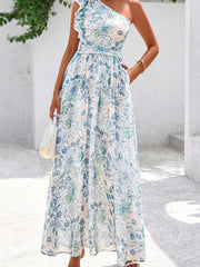 Sky Blue Floral Print Ruffled One Shoulder Vacation Maxi Dress - Miniatuur
