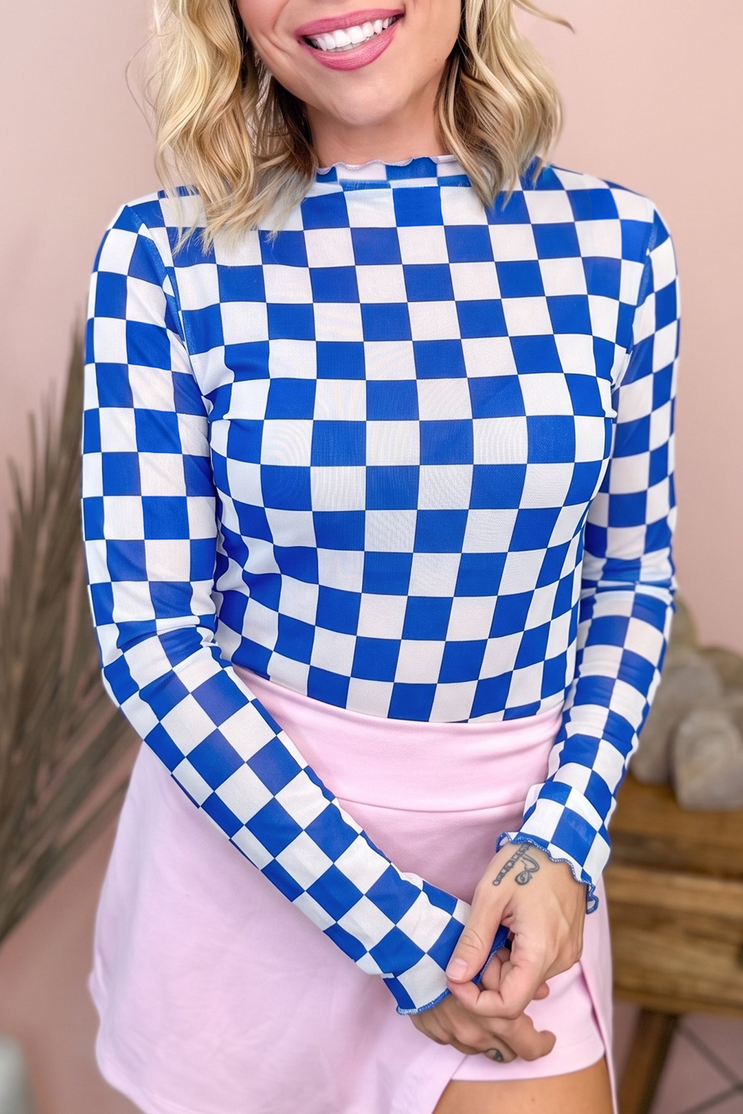 Rose Plaid Mesh Sheer Long Sleeve Top