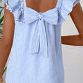 Sky Blue Stripe Square Neck Bow Decor Frilly Ruffled Short Sleeve Blouse - Foto 1