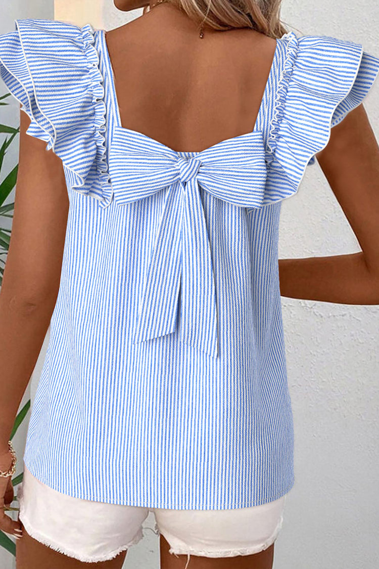 Sky Blue Stripe Square Neck Bow Decor Frilly Ruffled Short Sleeve Blouse - Damesmode