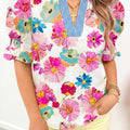 Beige Floral Print Short Puff Sleeve Striped Trim V Neck Blouse - Damesmode Afbeelding 2 - Foto 2