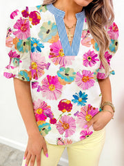 Beige Floral Print Short Puff Sleeve Striped Trim V Neck Blouse - Damesmode Afbeelding 2 - Miniatuur