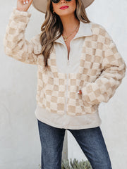 Khaki Checker Sherpa Corduroy Patchwork Lynlåsjakke med krave - Miniatuur