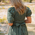 Green Plaid Square Neck Shirred High Waist Ruffle Hem Dress - Foto 6