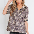 Khaki Leopard Print Half Zip Striped Trim Patchwork Short Sleeve Top - Foto 4