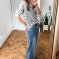 Black Polka Dot Sheer Mesh Long Sleeve Round Neck Shift Top - Damesmode Afbeelding 2 - Foto 2