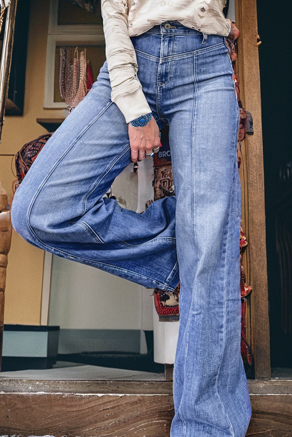 Beau Blue Tailored Center Seam Detail Straight Loose High Rise Jeans - Damesmode Afbeelding 3