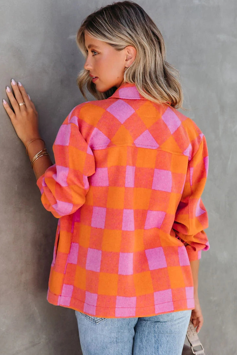 Orange karierte Brusttaschen – Umschlagjacke mit Knopfen und Kragen