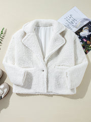 Beige Faux Fur Button Pocketed Lapel Collar Jacket - Damesmode Afbeelding 7 - Miniatuur