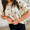 Beige Bow Print Puff Short Sleeve Top - Damesmode Afbeelding 1 - Foto 1