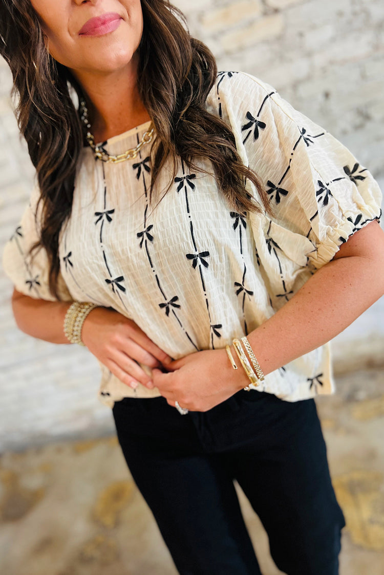 Beige Bow Print Puff Short Sleeve Top - Damesmode Afbeelding 1 - Damesmode