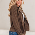 Dark Khaki Button Zip Up Lapel Collar Corduroy Jacket - Foto 3