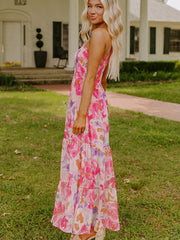 Robe Maxi à une épaule à motif fleural abstrait rose à motifs brillants - Miniatuur