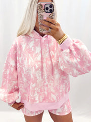 Pink Abstract Print Loose Hoodie Slim Shorts 2pcs Set - Miniatuur