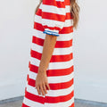 Blue Stripe Contrast Trim Round Neck Short Puff Sleeve Shift Mini Dress - Damesmode Afbeelding 5 - Foto 5