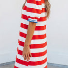Blue Stripe Contrast Trim Round Neck Short Puff Sleeve Shift Mini Dress - Damesmode Afbeelding 5 - Thumbnail