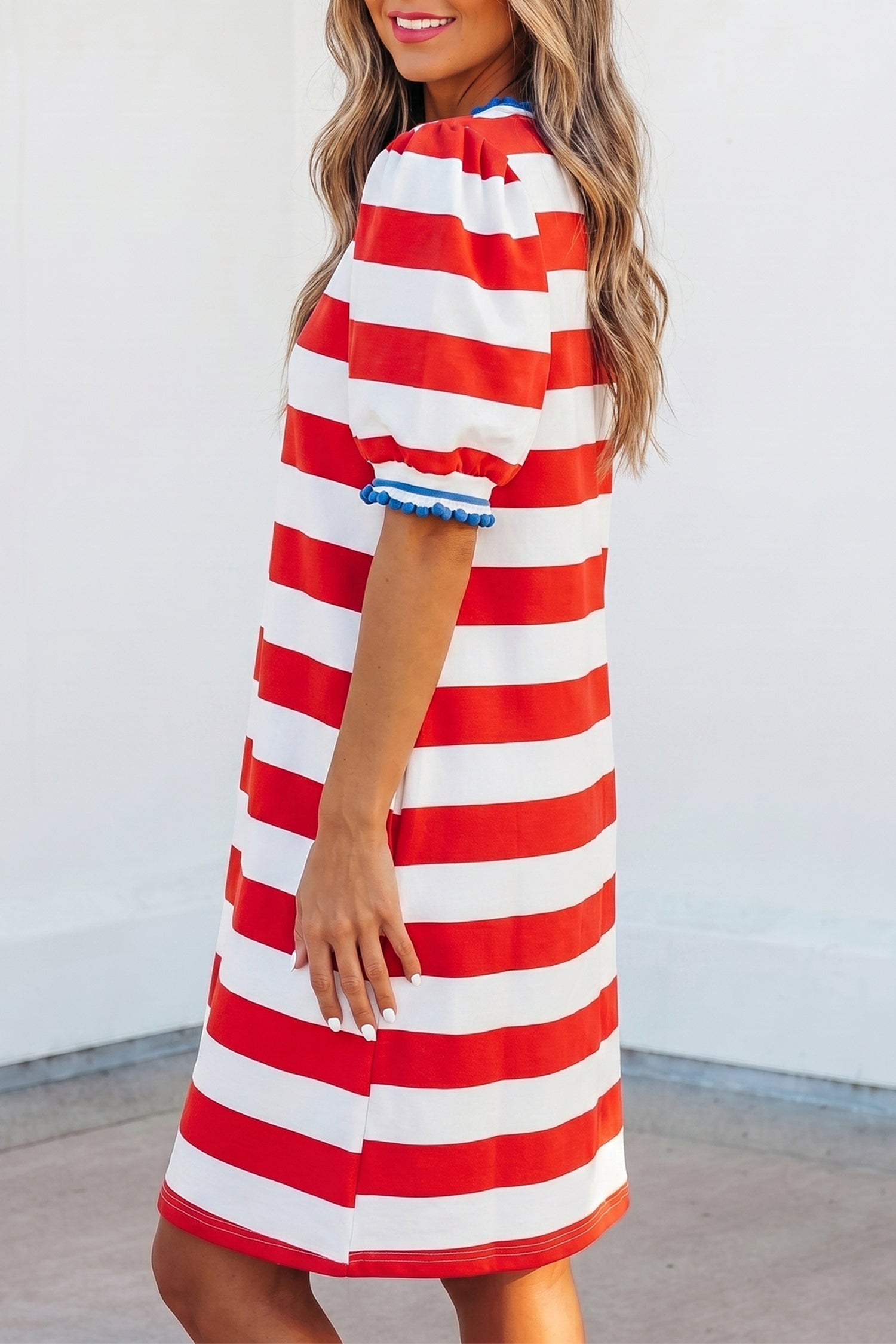 Blue Stripe Contrast Trim Round Neck Short Puff Sleeve Shift Mini Dress - Damesmode Afbeelding 5