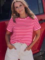 Black Stripe Scalloped Trim Round Neck T Shirt - Damesmode Afbeelding 6 - Miniatuur