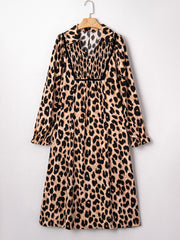 Abito midi fluido con stampa leopardo marrone, dettaglio svolato con smock - Damesmode Afbeelding 4 - Miniatuur