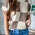 Hellblauer karierter Farbblock Kurzarmpullover mit Rundhalsausschnitt - Foto 4