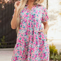 Pink Floral Collared Half Placket Short Sleeve Loose Dress - Foto 6