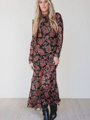 Robe noire à manches longues à manches longues décontractée à motifs floraux - Image de mode féminine 6 - Miniatuur