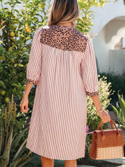 Khaki Stripe Square Button Leopard Trim Loose Bracelet Sleeve Shirt Dress - Miniatuur