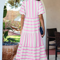 Sky Blue Stripe Ricrac Trim Notched Neck Half Sleeve Vacation Dress - Foto 5