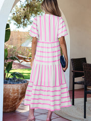 Sky Blue Stripe Ricrac Trim Notched Neck Half Sleeve Vacation Dress - Miniatuur