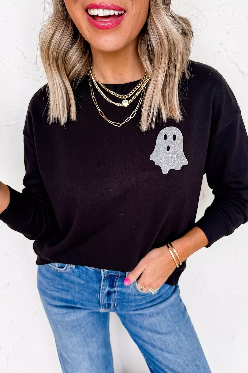 Round Neck Ghost Print Regular Fit Graphic Long Sleeve T-Shirt - Exklusive Damenmode & Kleidung Kollektion | Redblad Deutschland