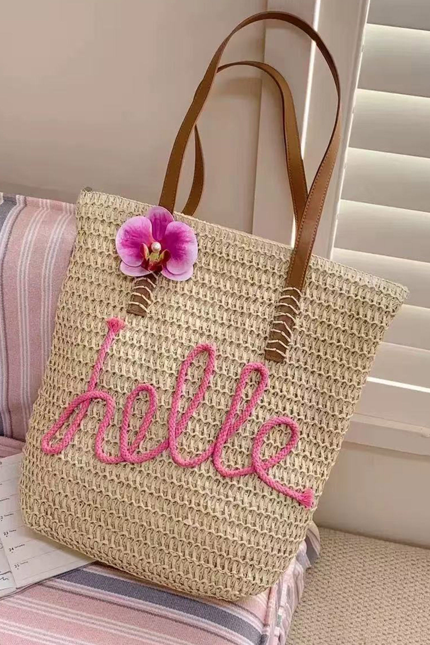 Khaki Hello Boho handgewebte Blumenakzent-Reise-Tasche