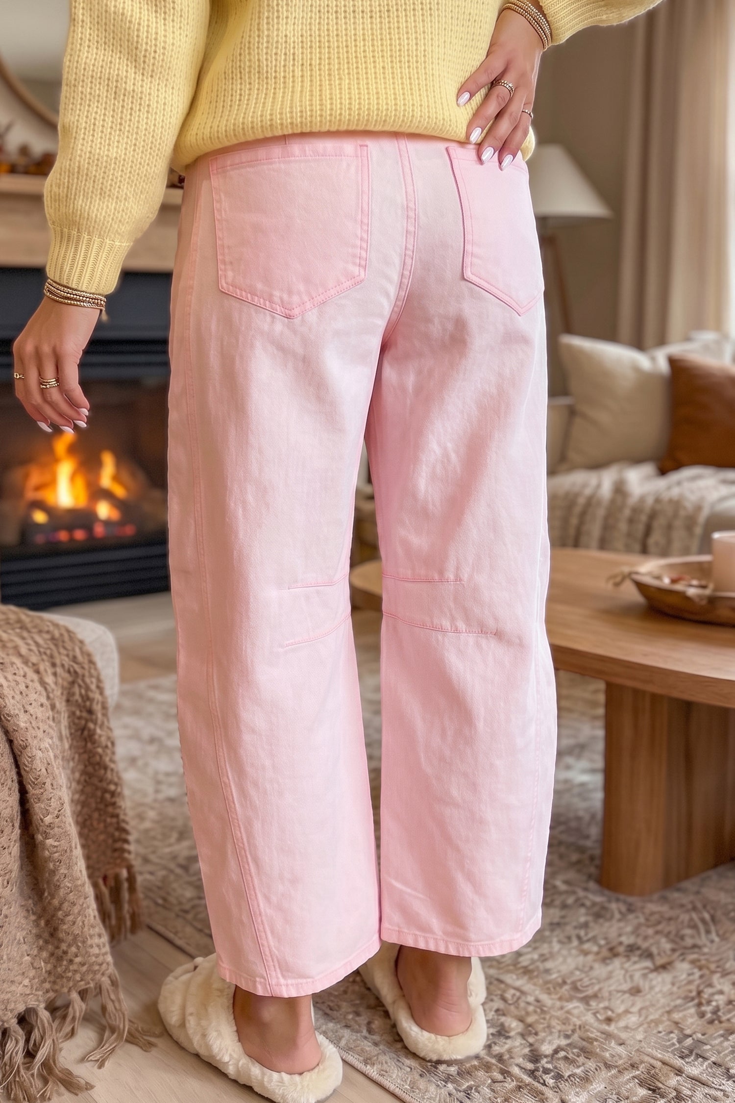 Jeans a canna in vita a nodo in stile rosa chiaro e colore unico,