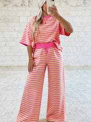 Yellow Stripe Colorblock Trim Crew Neck Loose Tee Drawstring Elastic Waist 2pcs Pant Set - Miniatuur