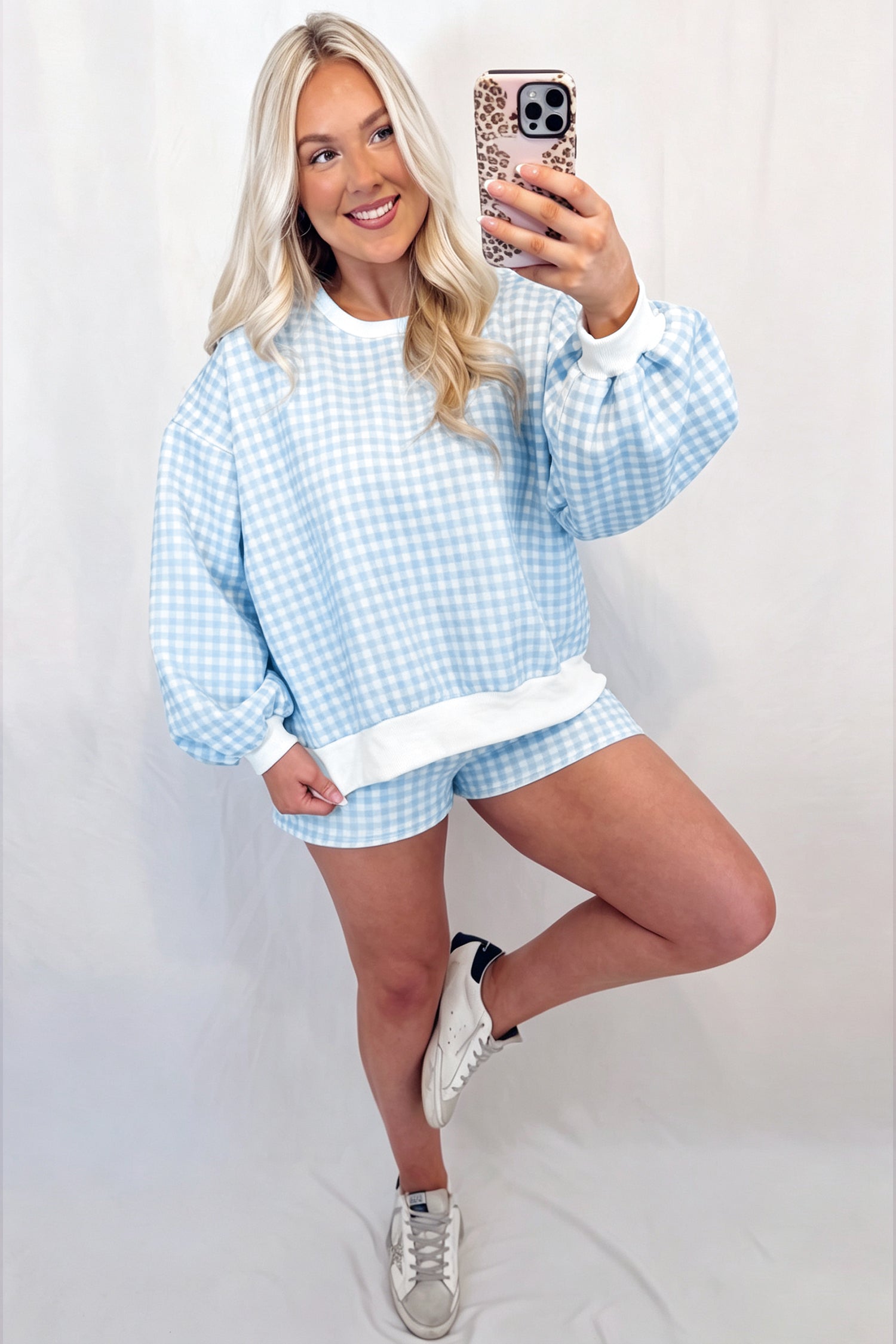 Himmelblå ternet poset pullover med træksnor Casual Shorts 2 stk. Outfit