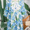 Himmelblaues Palm-Blumenmuster-Kontrast-Band-Knoten-Rüschen-Mini-Kleid mit gestuften Ärmeln - Foto 3