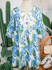 Sky Blue Palm Floral Print Contrast Ribbon Knot Ruffle Tiered Sleeve Mini Dress - Miniatuur