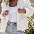 Beige Faux Fur Button Pocketed Lapel Collar Jacket - Damesmode Afbeelding 6 - Foto 6