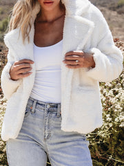 Beige Faux Fur Button Pocketed Lapel Collar Jacket - Damesmode Afbeelding 6 - Miniatuur