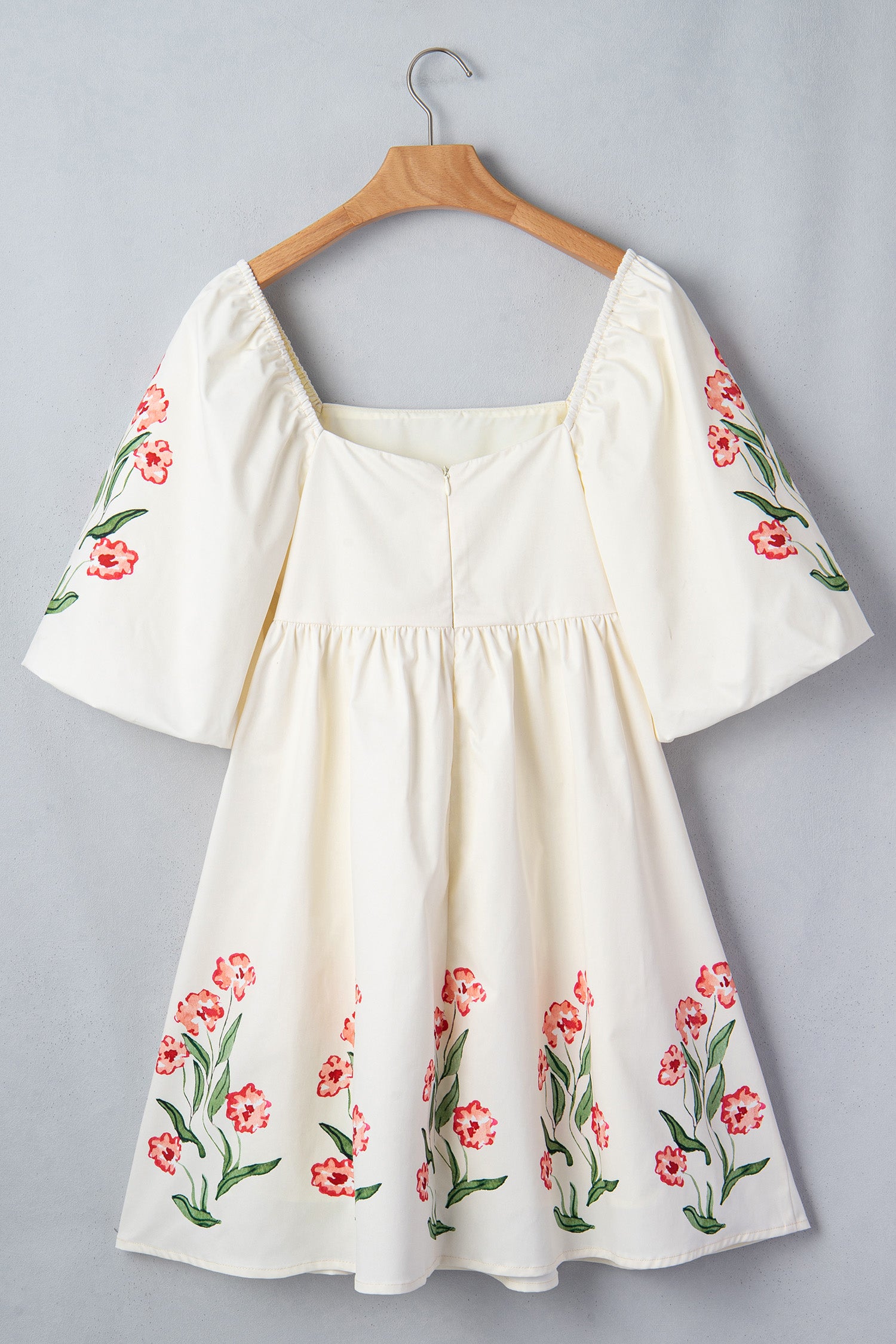 Beige Floral Print Puff Sleeve Babydoll Dress - Damesmode Afbeelding 5