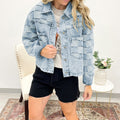 Beau Blue Denim Checkered Pattern Patchwork Womens Casual Jacket - Damesmode Afbeelding 3 - Foto 3