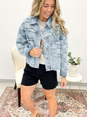 Beau Blue Denim kariertes Patchwork-Damen-Casual-Jacke – Damesmode Afbeelding 3 - Miniatuur