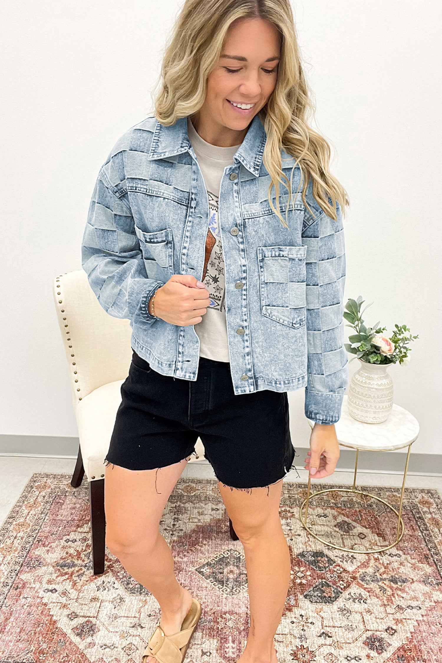Beau Blue Denim Checkered Pattern Patchwork Womens Casual Jacket - Damesmode Afbeelding 3