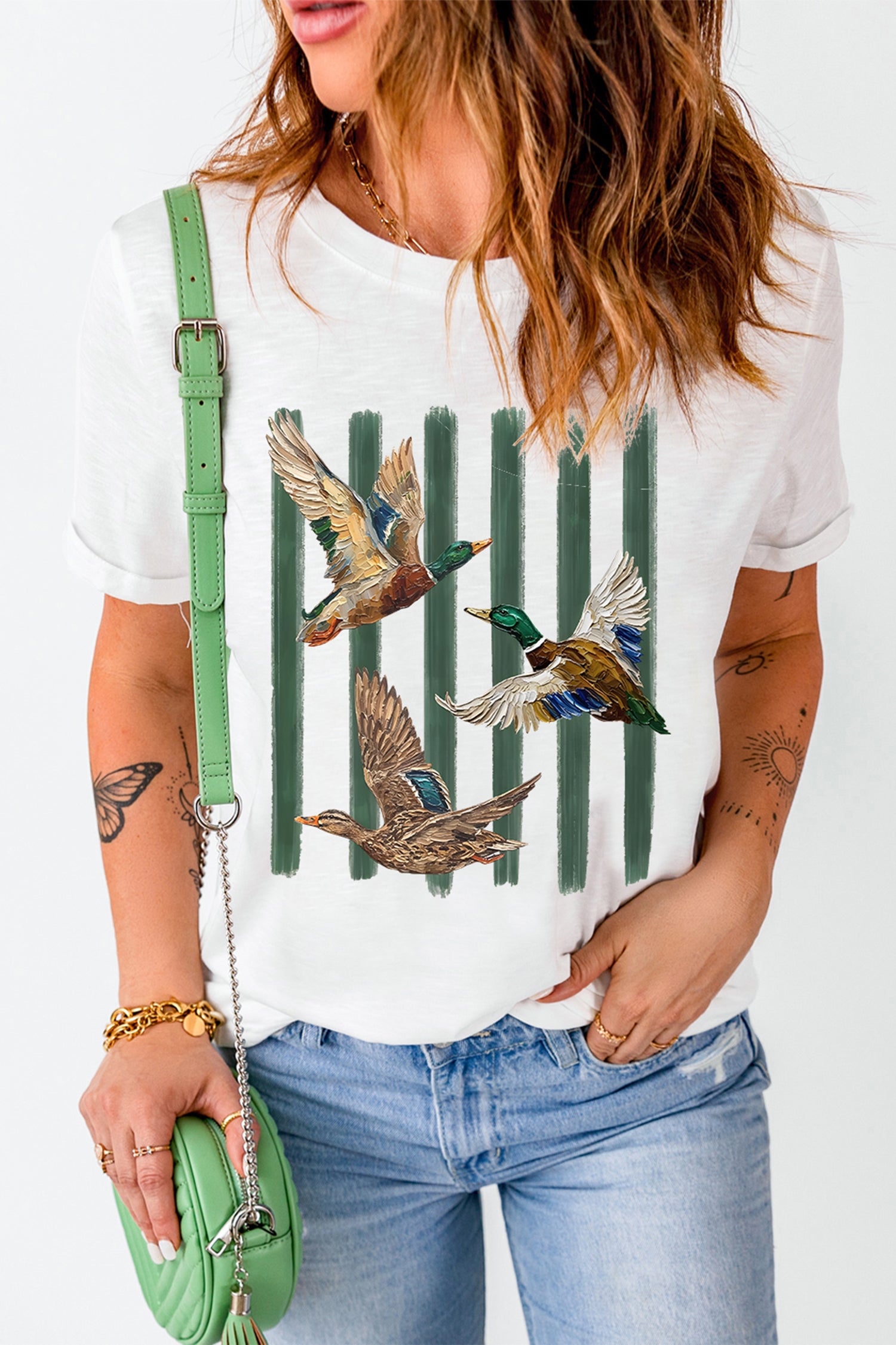 Hvide Western Mallard Stripes Printet Grafisk Rund Hals Casual T-shirt